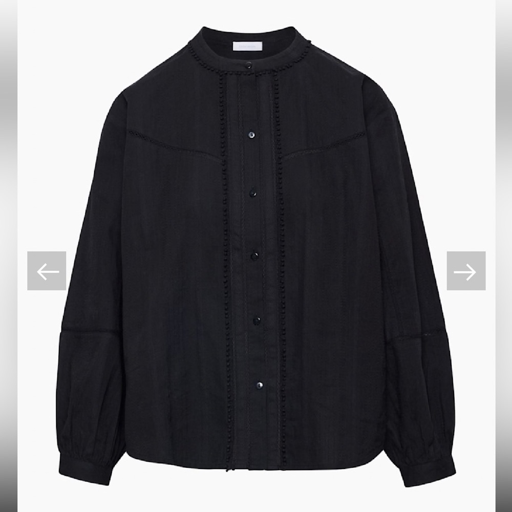 Aritzia Little Moon Sorrento Cotton Dobby Blouse XS Lace Trim Button-Up Black